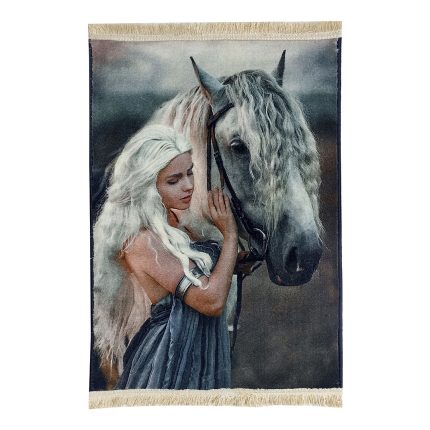 تابلو فرش دختر و اسب سفید