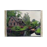 pictorial carpet panel of a cottage by the pond