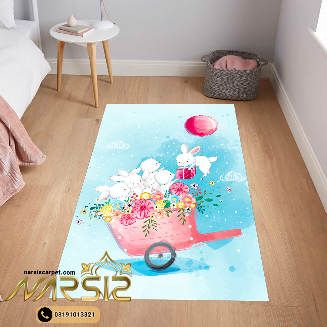 فرشینه کودک دخترانه طرح چرخ دستی خرگوش ها کد 6006 - فرشینه نارسیس