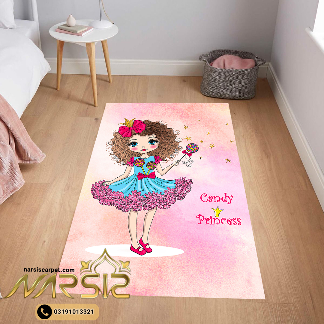 فرشینه کودک دخترانه طرح دختر مو فرفری کد 6015 - فرشینه نارسیس