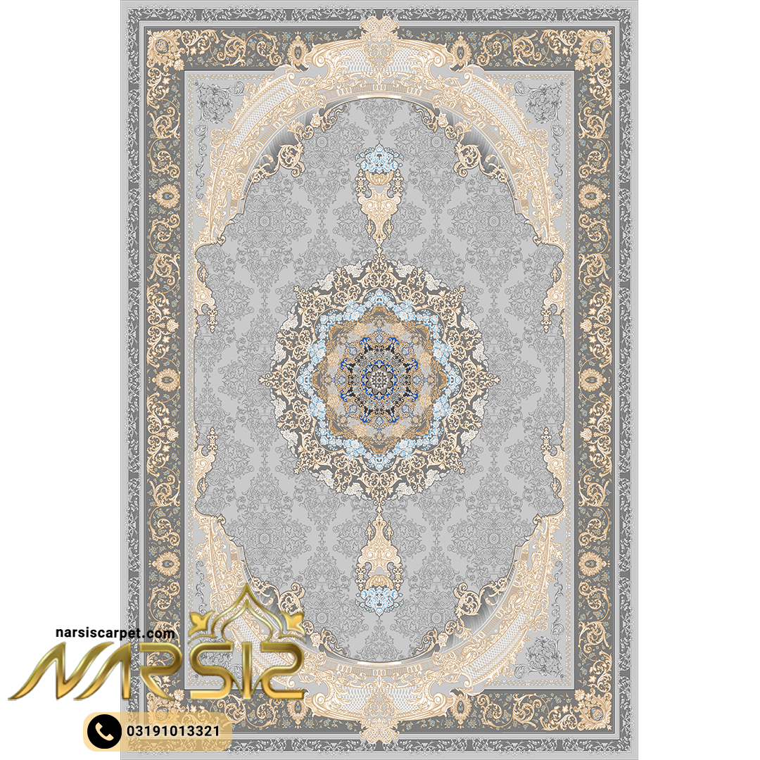 فرشینه فرش طرح فرزانه زمینه نقره ای کد 9000 - نارسیس کارپت