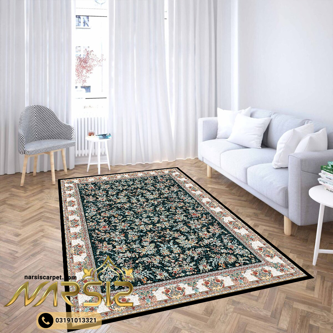 فرشینه فرش طرح باغ گل فیلی رنگ سرمه ای کد 9006 - فرشینه نارسیس