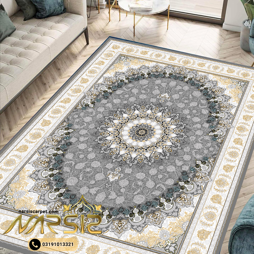 فرشینه فرش طرح اصفهان رنگ نقره ای کد 9005 - نارسیس کارپت