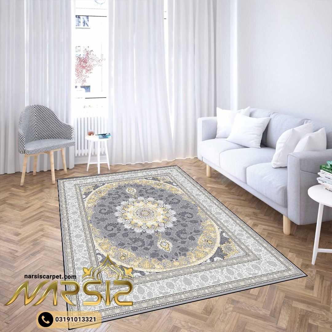 فرشینه فرش طرح ساناز رنگ نقره ای کد 9011 - نارسیس کارپت