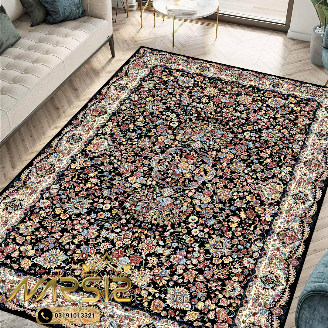 فرشینه فرش طرح فرش هزار گل رنگ سرمه ای کد 9012 - نارسیس کارپت