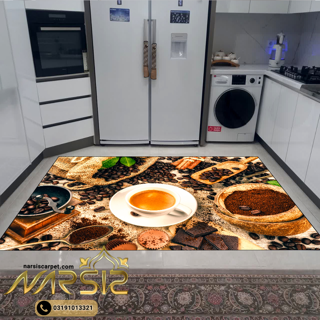 فرشینه آشپزخانه طرح فنجان با دانه های قهوه کد 7012 - فرشینه نارسیس