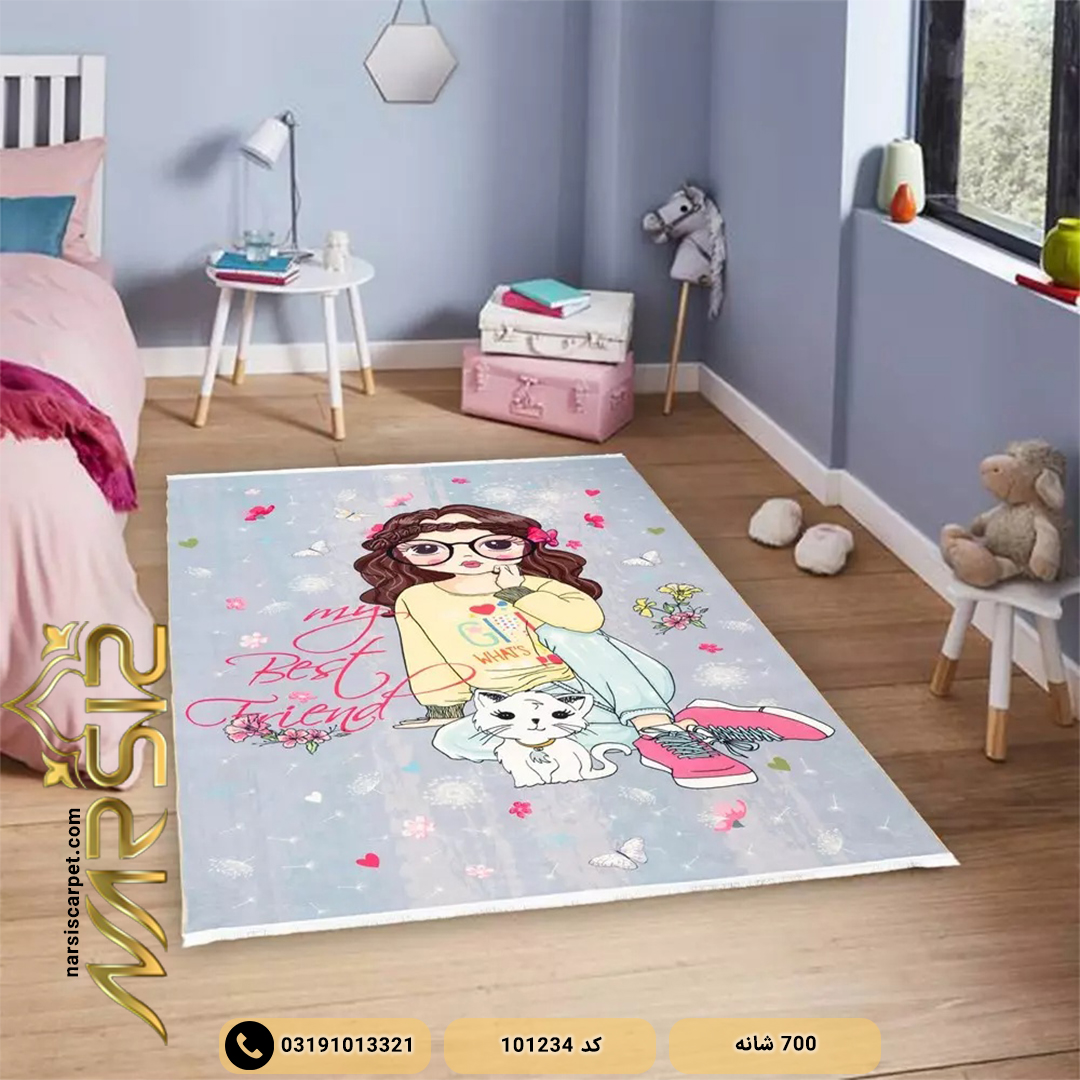فرش دخترانه کفش صورتی با گربه سفید کد 101234 - فرش نارسیس
