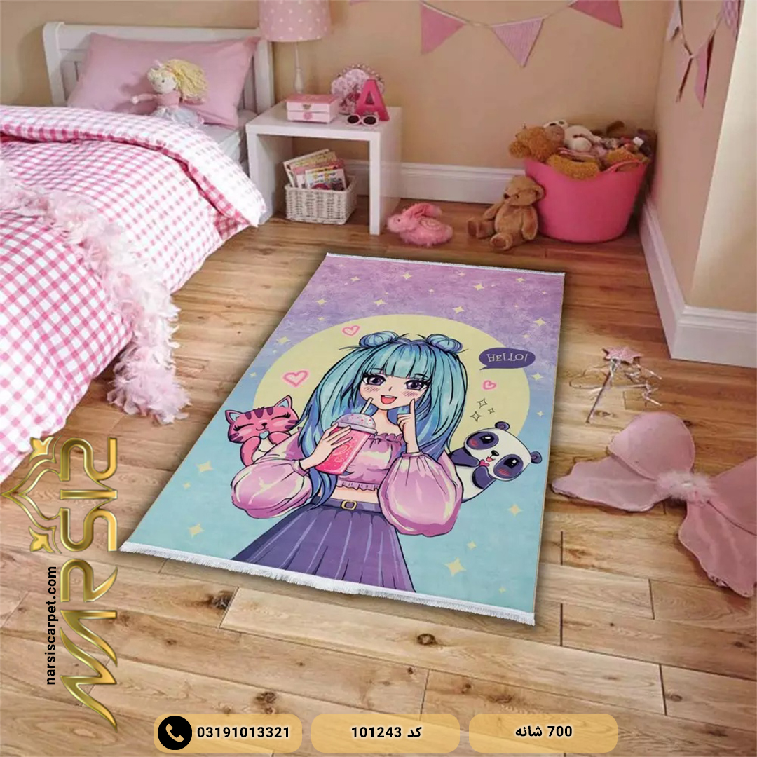 فرش دخترانه فانتزی طرح هِلو کد 101243 - فرش نارسیس